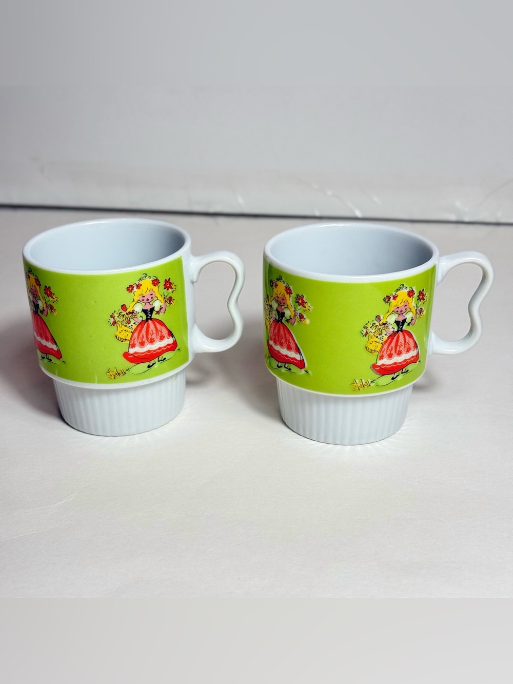 Vintage Nevco Japan Stackable Mugs Green Retro Dutch Swiss Girl MCM Cups 1960s